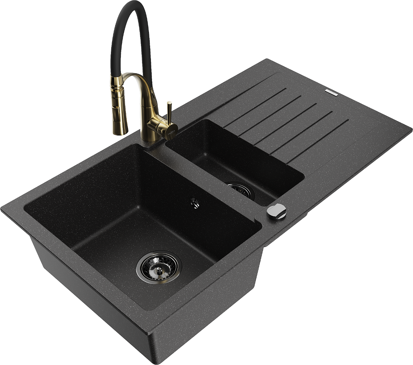 Mexen Matias zlewozmywak granitowy 1,5-komorowy z ociekaczem i baterią kuchenną Aster, czarny/srebrny - 6502-73-73450-57-B