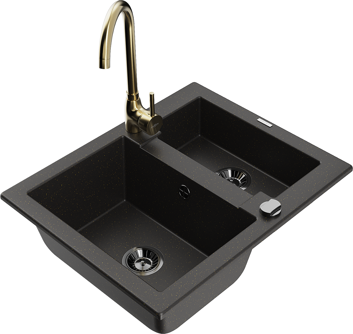 Mexen Carlos zlewozmywak granitowy 1,5-komorowy z baterią kuchenną Telma, czarny/złoty metalik - 6518-75-670200-50-B