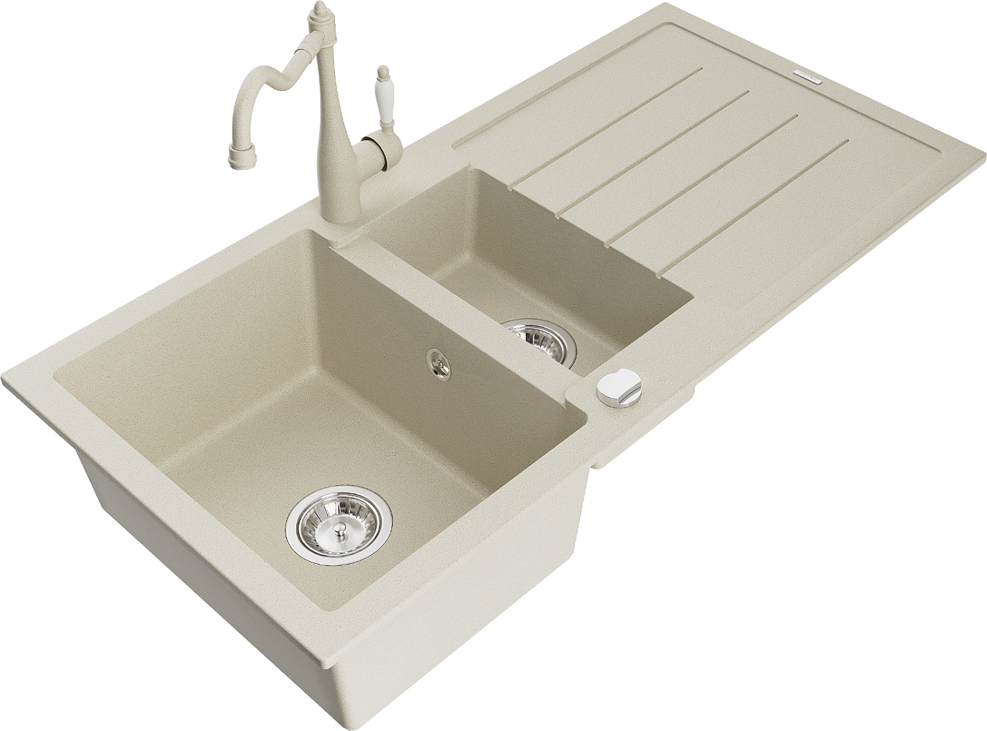 Mexen Andres zlewozmywak granitowy 1,5-komorowy z ociekaczem i baterią kuchenną Carla, beżowy - 6515-69-670700-69