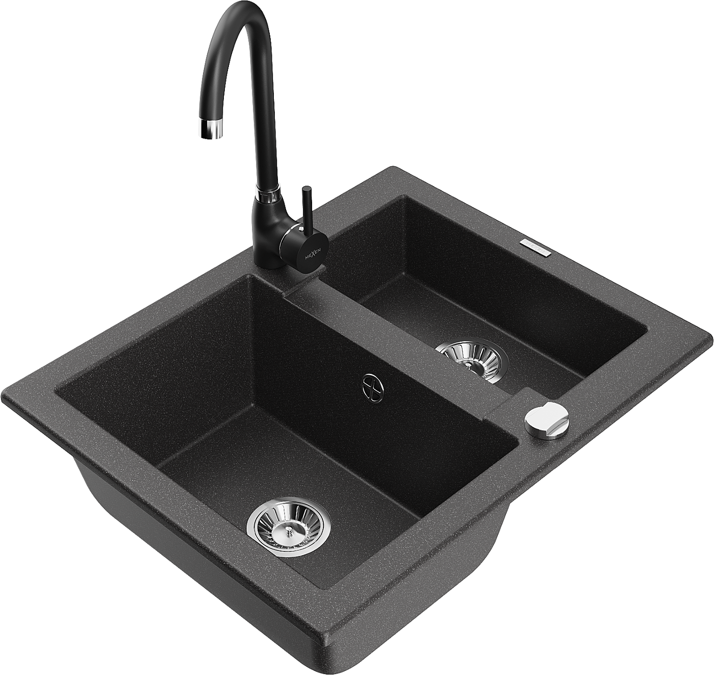 Mexen Carlos zlewozmywak granitowy 1,5-komorowy z baterią kuchenną Telma, czarny nakrapiany - 6518-76-670200-70
