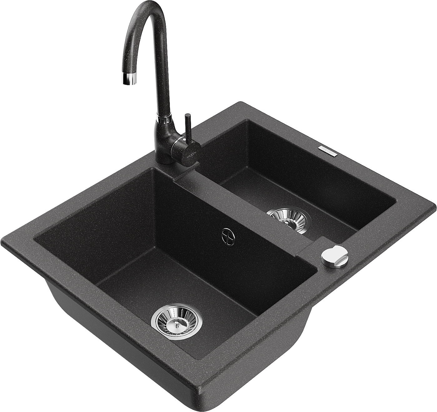 Mexen Carlos zlewozmywak granitowy 1,5-komorowy z baterią kuchenną Telma, czarny nakrapiany - 6518-76-670200-76