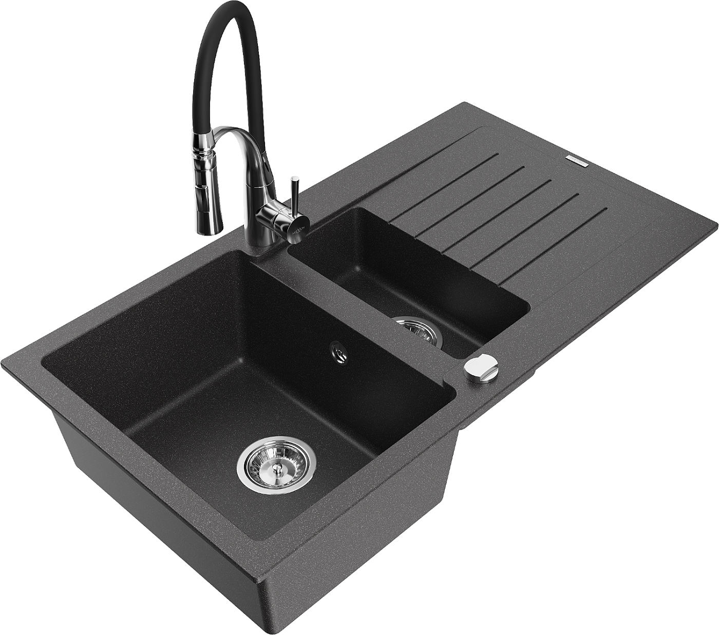 Mexen Matias zlewozmywak granitowy 1,5-komorowy z ociekaczem i baterią kuchenną Aster, czarny nakrapiany - 6502-76-73450-07