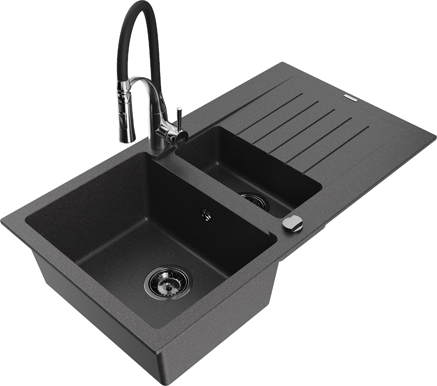 Mexen Matias zlewozmywak granitowy 1,5-komorowy z ociekaczem i baterią kuchenną Aster, czarny nakrapiany - 6502-76-73450-07-B