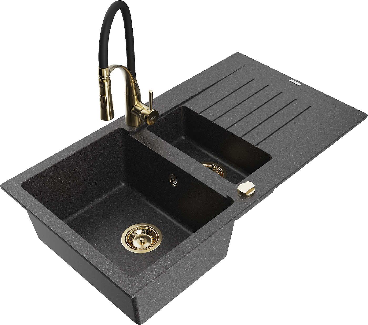 Mexen Matias zlewozmywak granitowy 1,5-komorowy z ociekaczem i baterią kuchenną Aster, czarny nakrapiany - 6502-76-73450-57-G