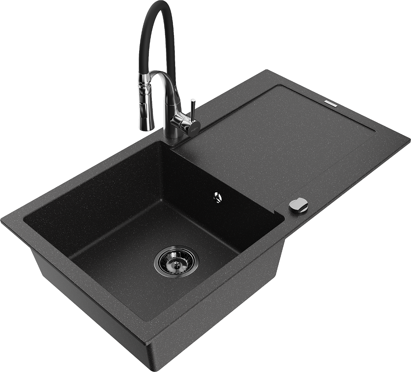 Mexen Leo zlewozmywak granitowy 1-komorowy z ociekaczem i baterią kuchenną Aster, czarny/srebrny metalik - 501-73-73450-07-B