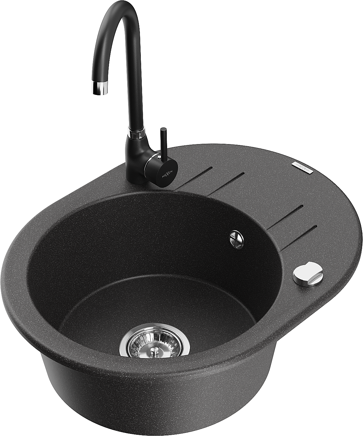 Mexen Kevin zlewozmywak granitowy 1-komorowy z ociekaczem i baterią kuchenną Telma, czarny nakrapiany - 6517-76-670200-70