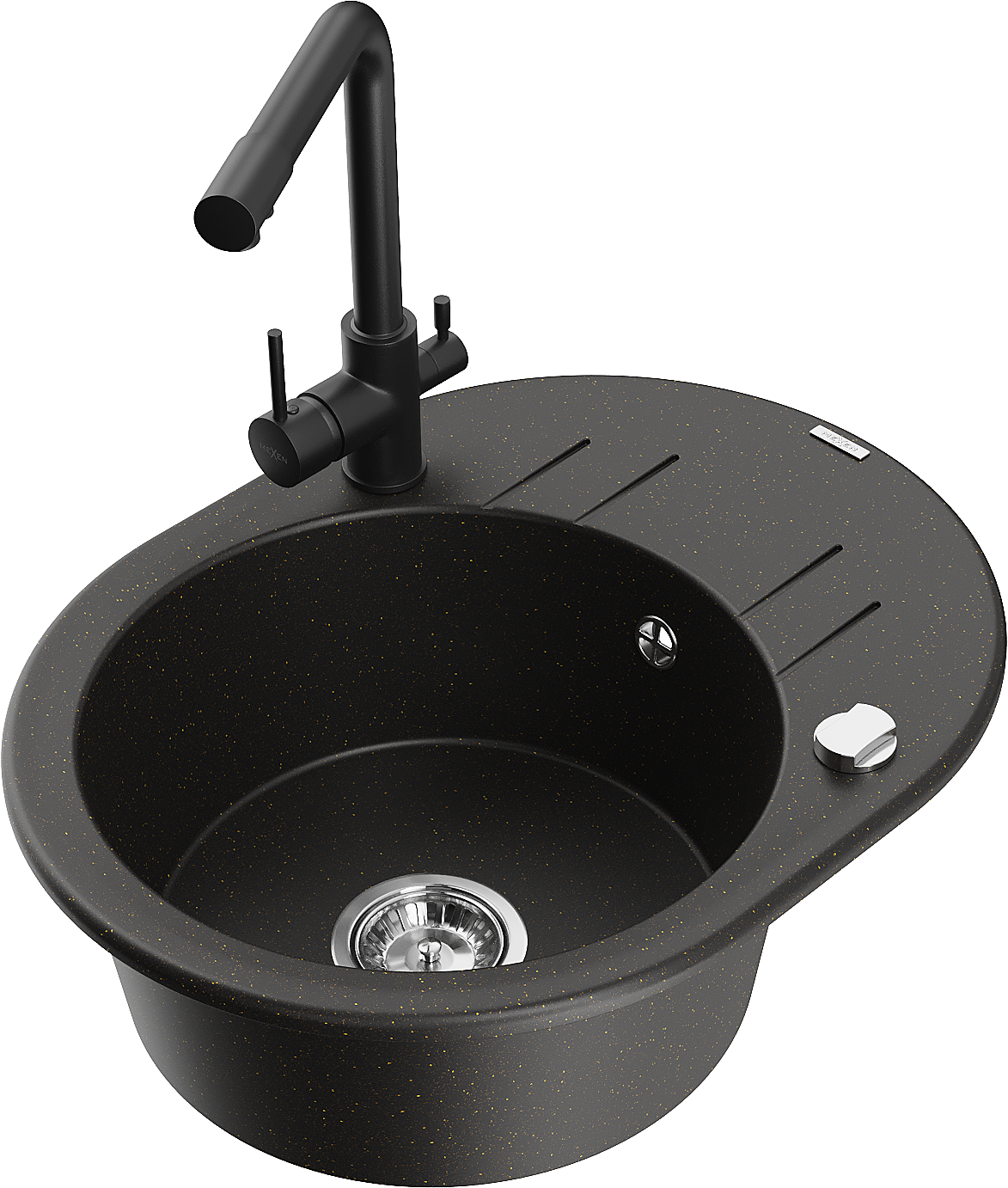 Mexen Kevin zlewozmywak granitowy 1-komorowy z ociekaczem i baterią kuchenną Duero, czarny/złoty metalik - 6517-75-671600-70