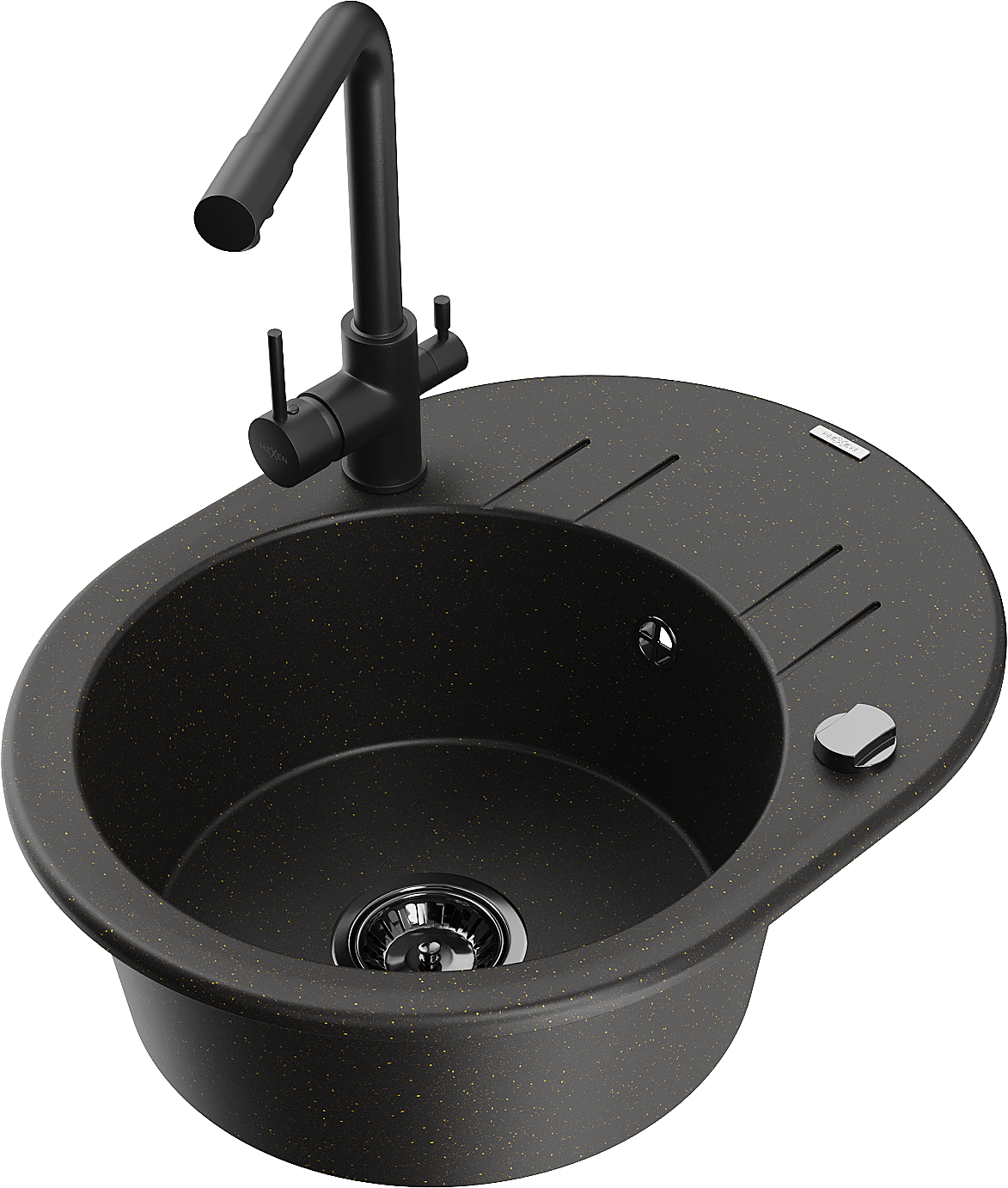 Mexen Kevin zlewozmywak granitowy 1-komorowy z ociekaczem i baterią kuchenną Duero, czarny/złoty metalik - 6517-75-671600-70-B