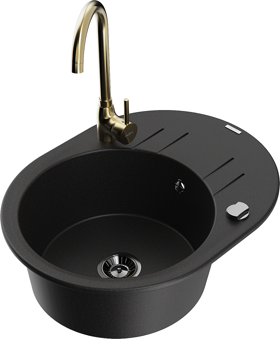 Mexen Kevin zlewozmywak granitowy 1-komorowy z ociekaczem i baterią kuchenną Telma, czarny - 6517-77-670200-50-B