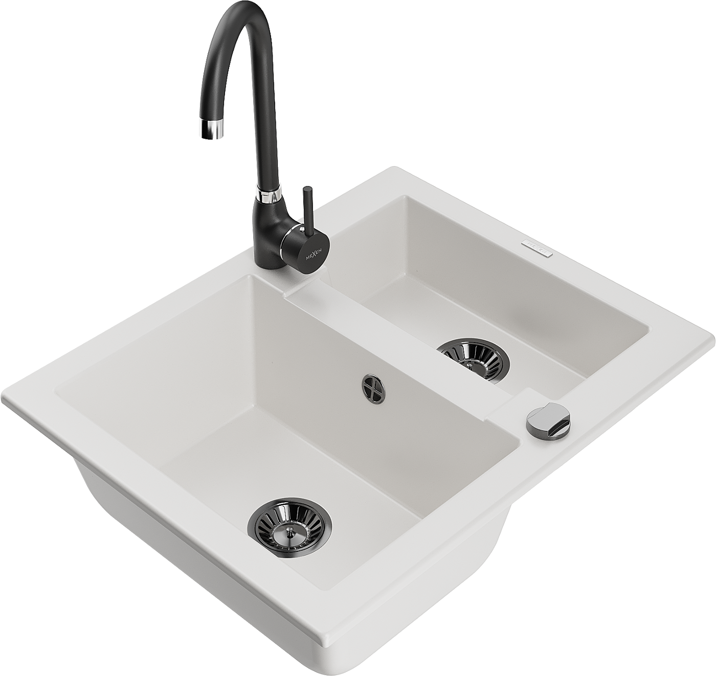 Mexen Carlos zlewozmywak granitowy 1,5-komorowy z baterią kuchenną Telma, biały - 6518-20-670200-70