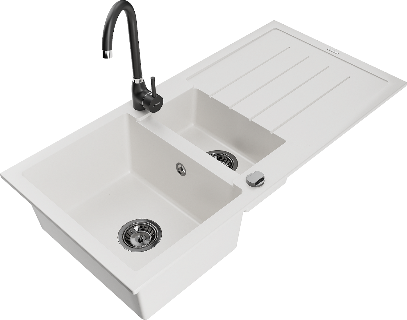 Mexen Andres zlewozmywak granitowy 1,5-komorowy z ociekaczem i baterią kuchenną Telma, biały - 6515-20-670200-70