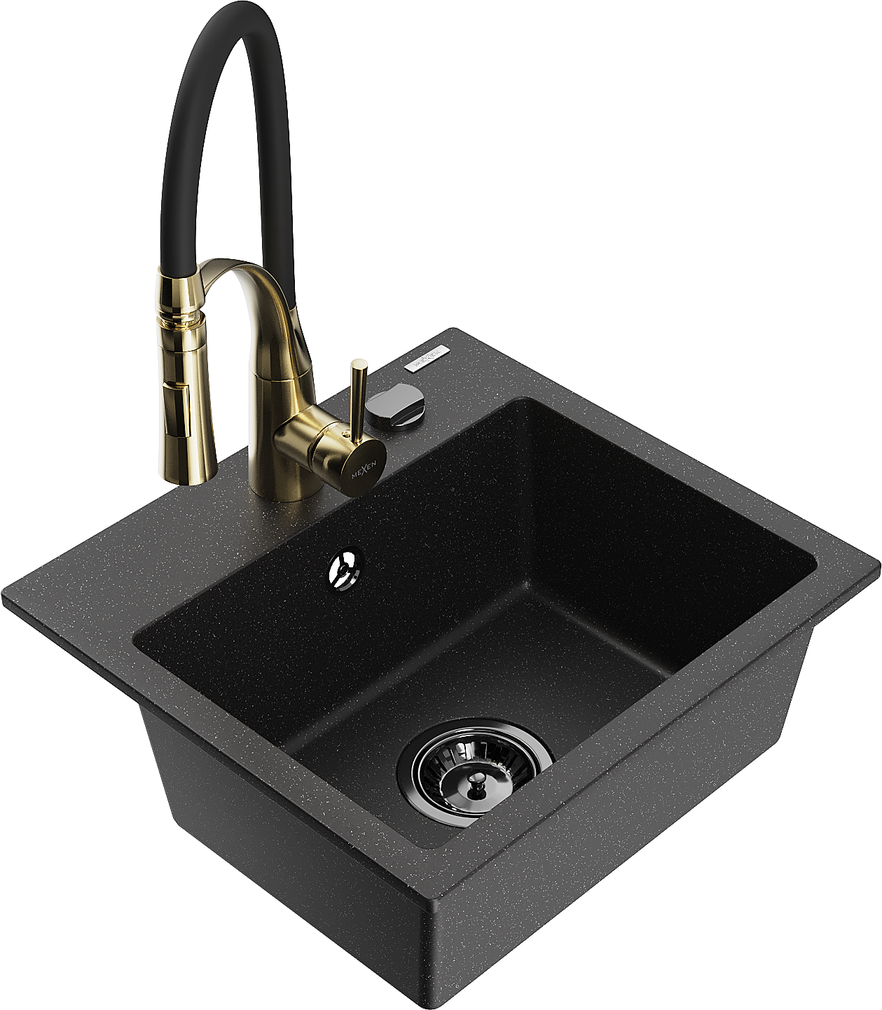 Mexen Milo zlewozmywak granitowy 1-komorowy z baterią kuchenną Aster, czarny/srebrny metalik - 6505-73-73450-57-B