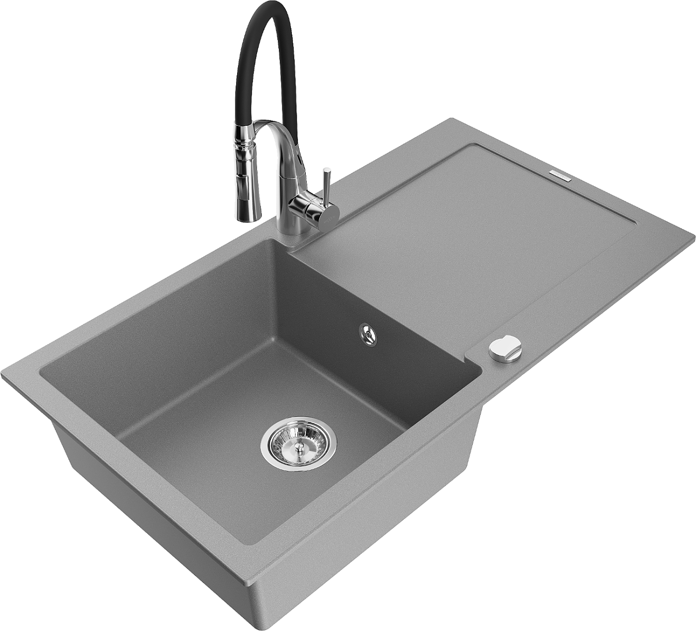 Mexen Leo zlewozmywak granitowy 1-komorowy z ociekaczem i baterią kuchenną Aster, szary - 6501-71-73450-07