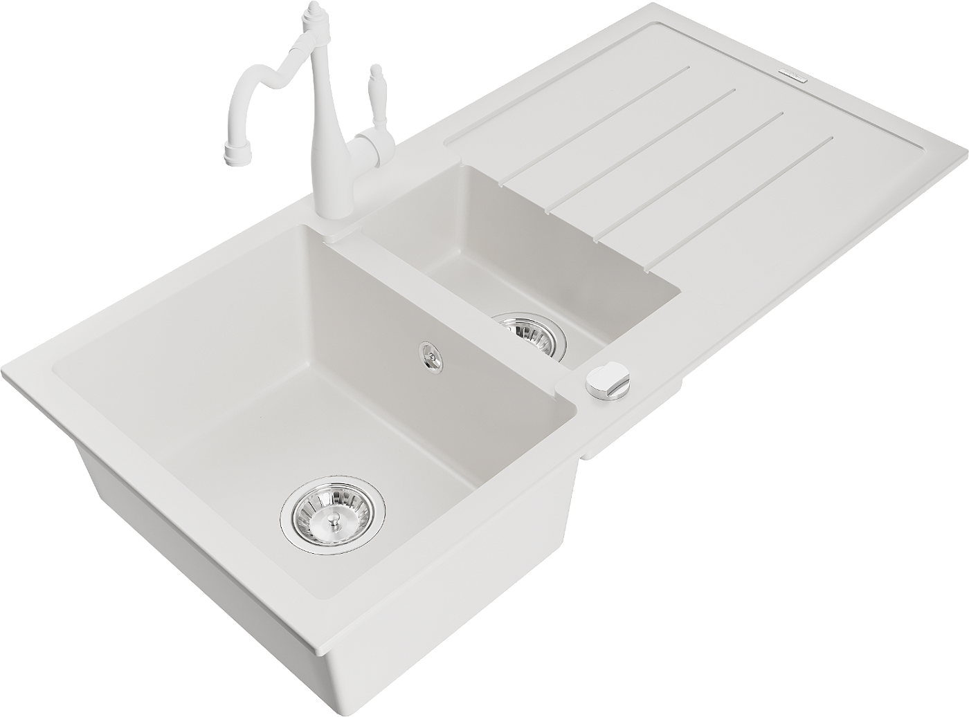Mexen Andres zlewozmywak granitowy 1,5-komorowy z ociekaczem i baterią kuchenną Carla, biały - 6515-20-670700-20