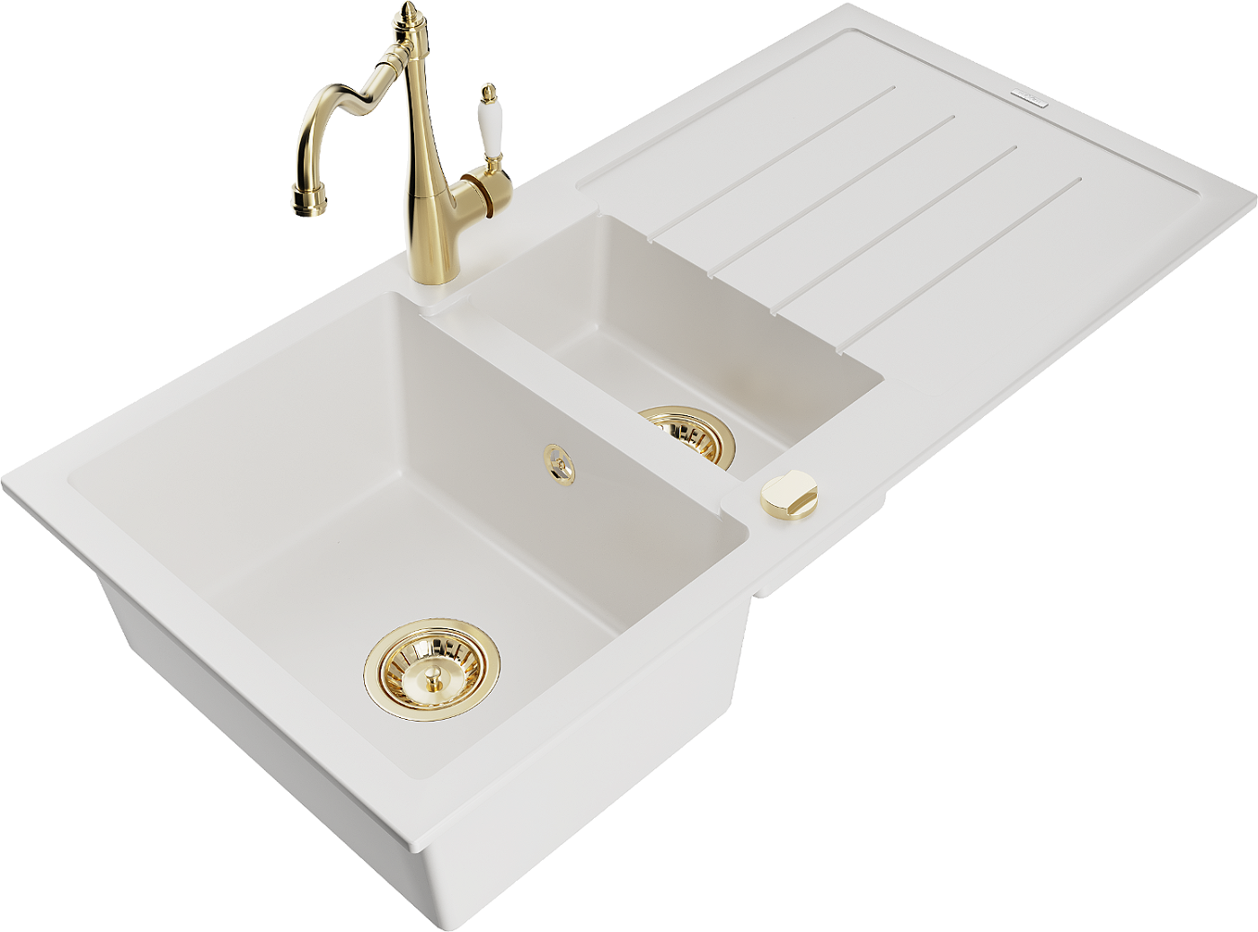 Mexen Andres zlewozmywak granitowy 1,5-komorowy z ociekaczem i baterią kuchenną Carla, biały - 6515-20-670700-50