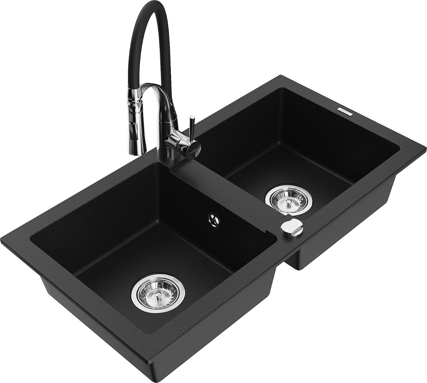Mexen Mario zlewozmywak granitowy 2-komorowy z baterią kuchenną Aster, czarny - 6504-77-73450-07