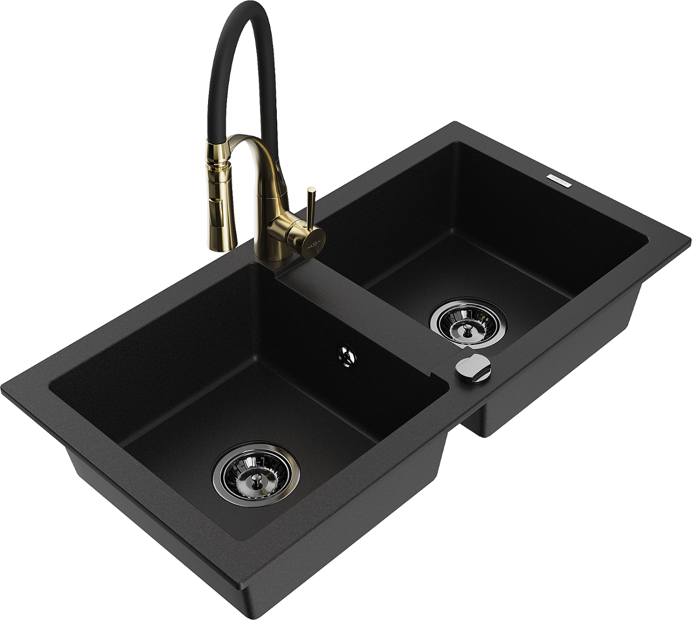 Mexen Mario zlewozmywak granitowy 2-komorowy z baterią kuchenną Aster, czarny - 6504-77-73450-57-B