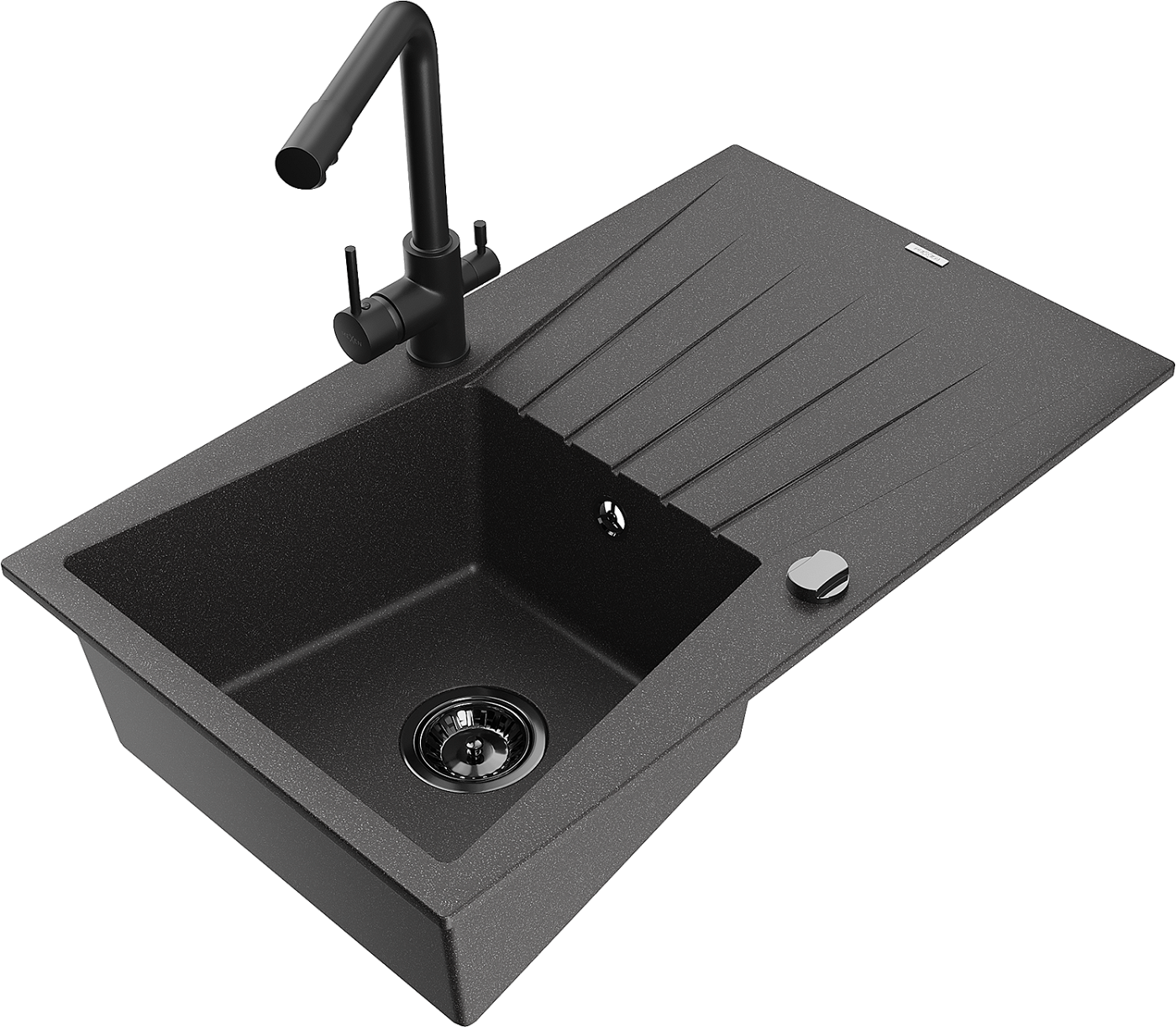 Mexen Cesar zlewozmywak granitowy 1-komorowy z ociekaczem i baterią kuchenną Duero, czarny nakrapiany - 6514-76-671600-70-B