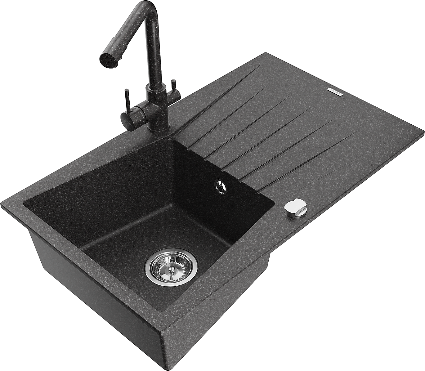 Mexen Cesar zlewozmywak granitowy 1-komorowy z ociekaczem i baterią kuchenną Duero, czarny nakrapiany - 6514-76-671600-76