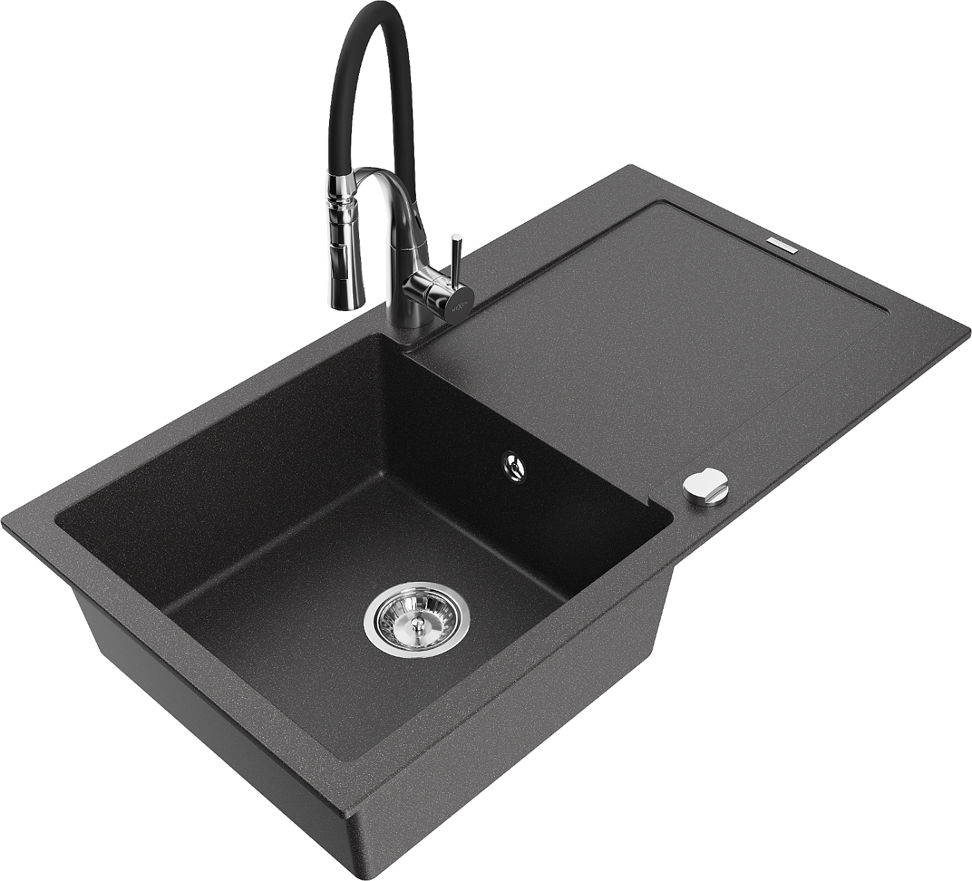 Mexen Leo zlewozmywak granitowy 1-komorowy z ociekaczem i baterią kuchenną Aster, czarny nakrapiany - 6501-76-73450-07