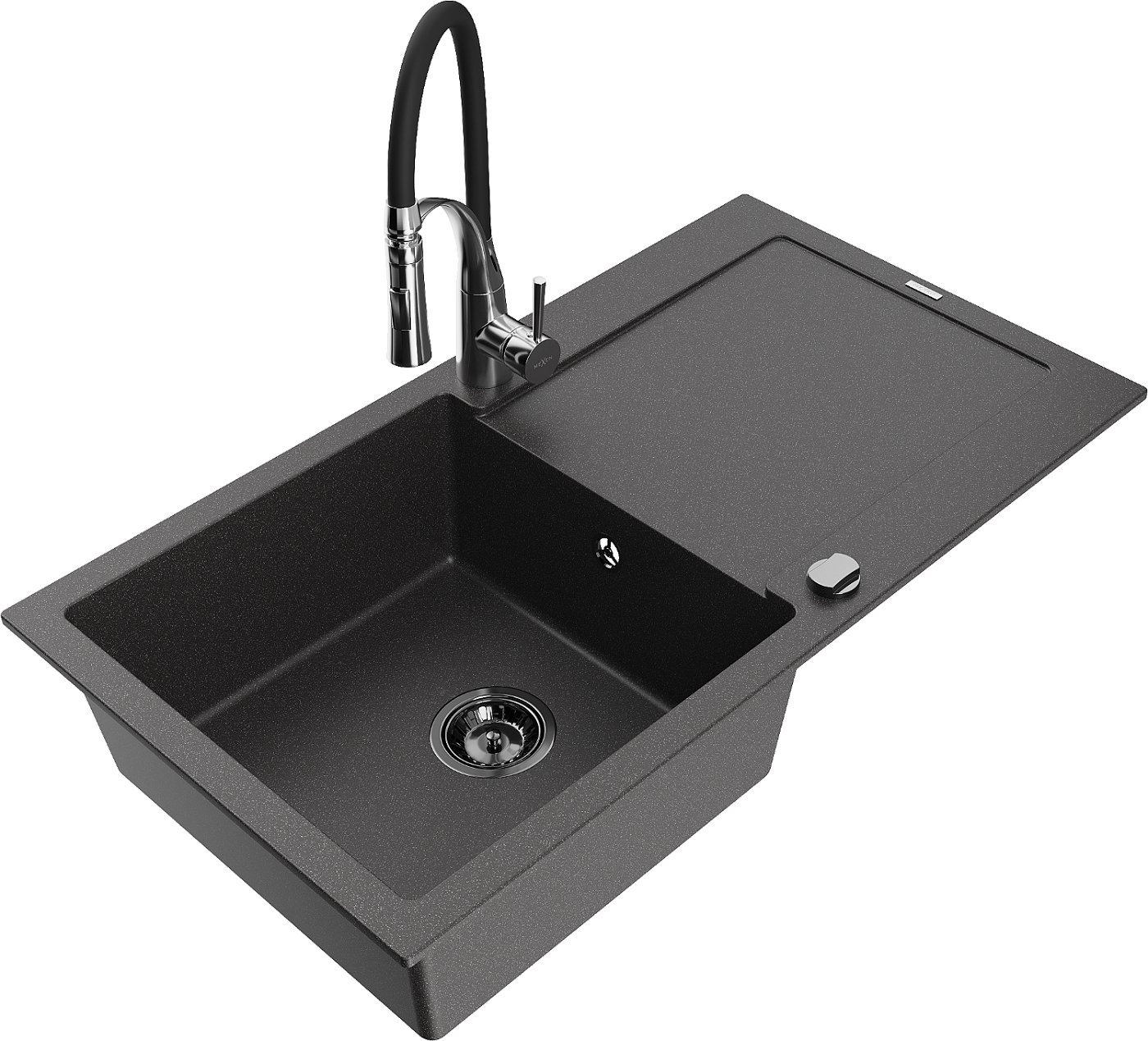Mexen Leo zlewozmywak granitowy 1-komorowy z ociekaczem i baterią kuchenną Aster, czarny nakrapiany - 6501-76-73450-07-B