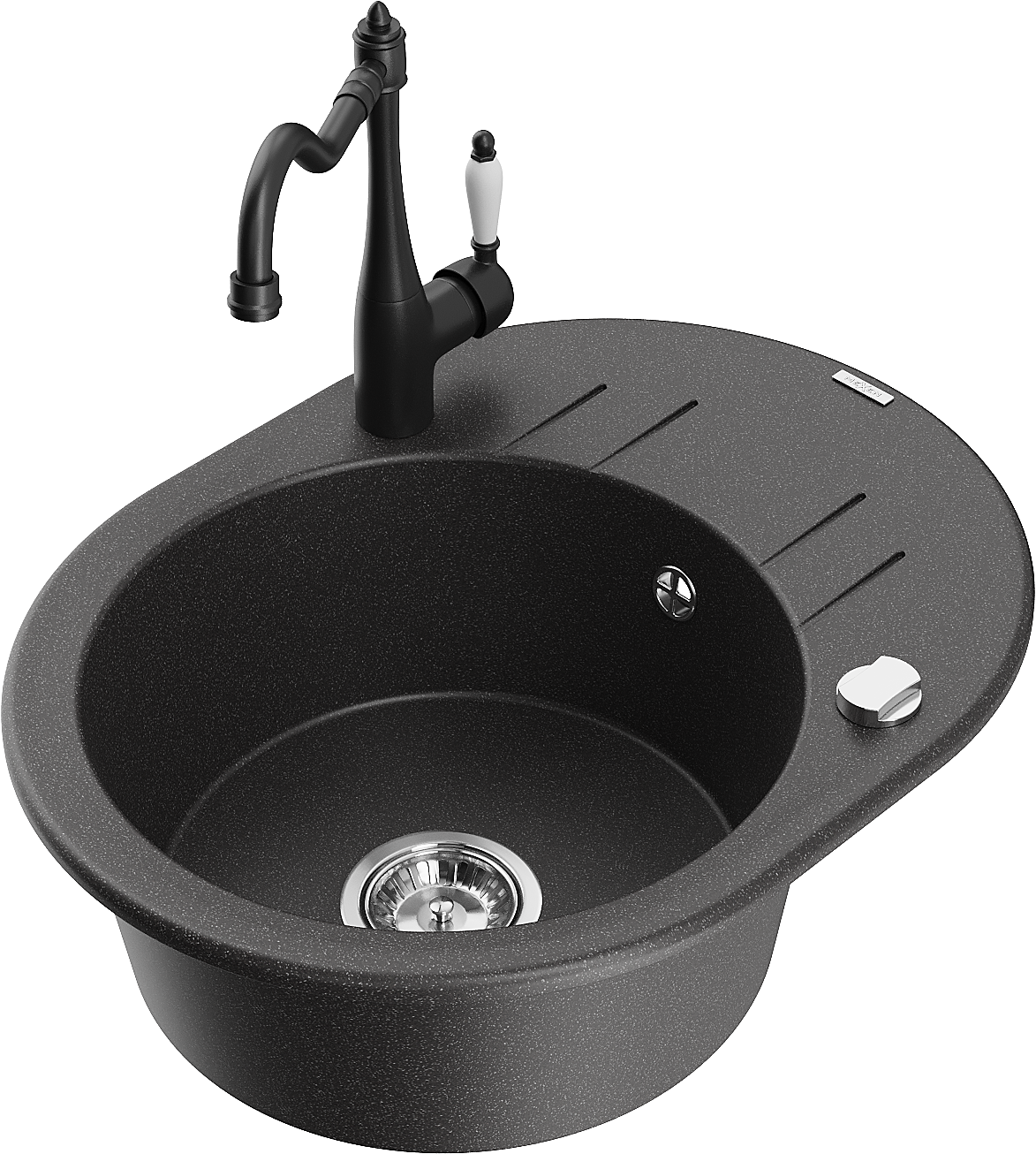 Mexen Kevin zlewozmywak granitowy 1-komorowy z ociekaczem i baterią kuchenną Carla, czarny nakrapiany - 6517-76-670700-70