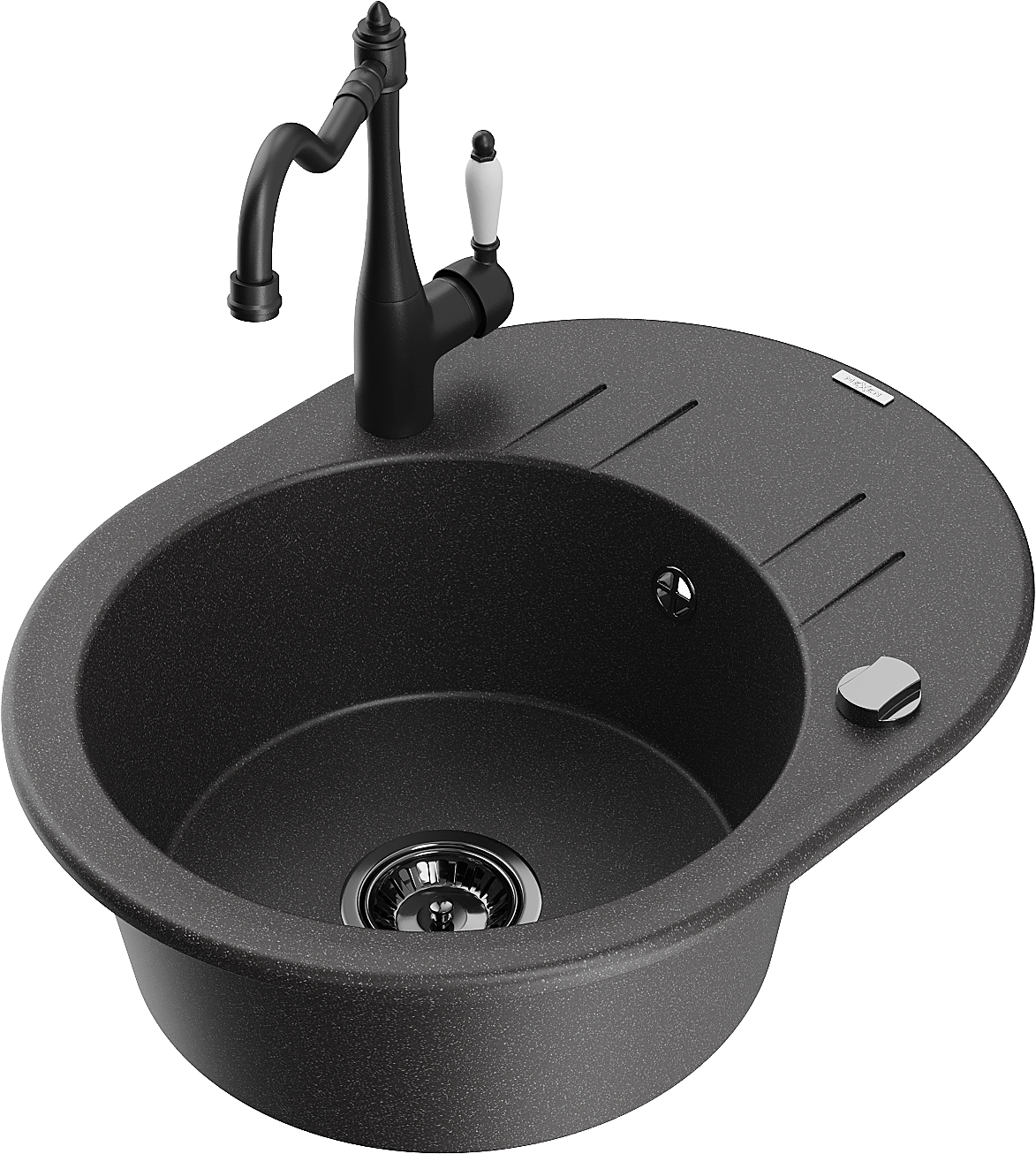Mexen Kevin zlewozmywak granitowy 1-komorowy z ociekaczem i baterią kuchenną Carla, czarny nakrapiany - 6517-76-670700-70-B