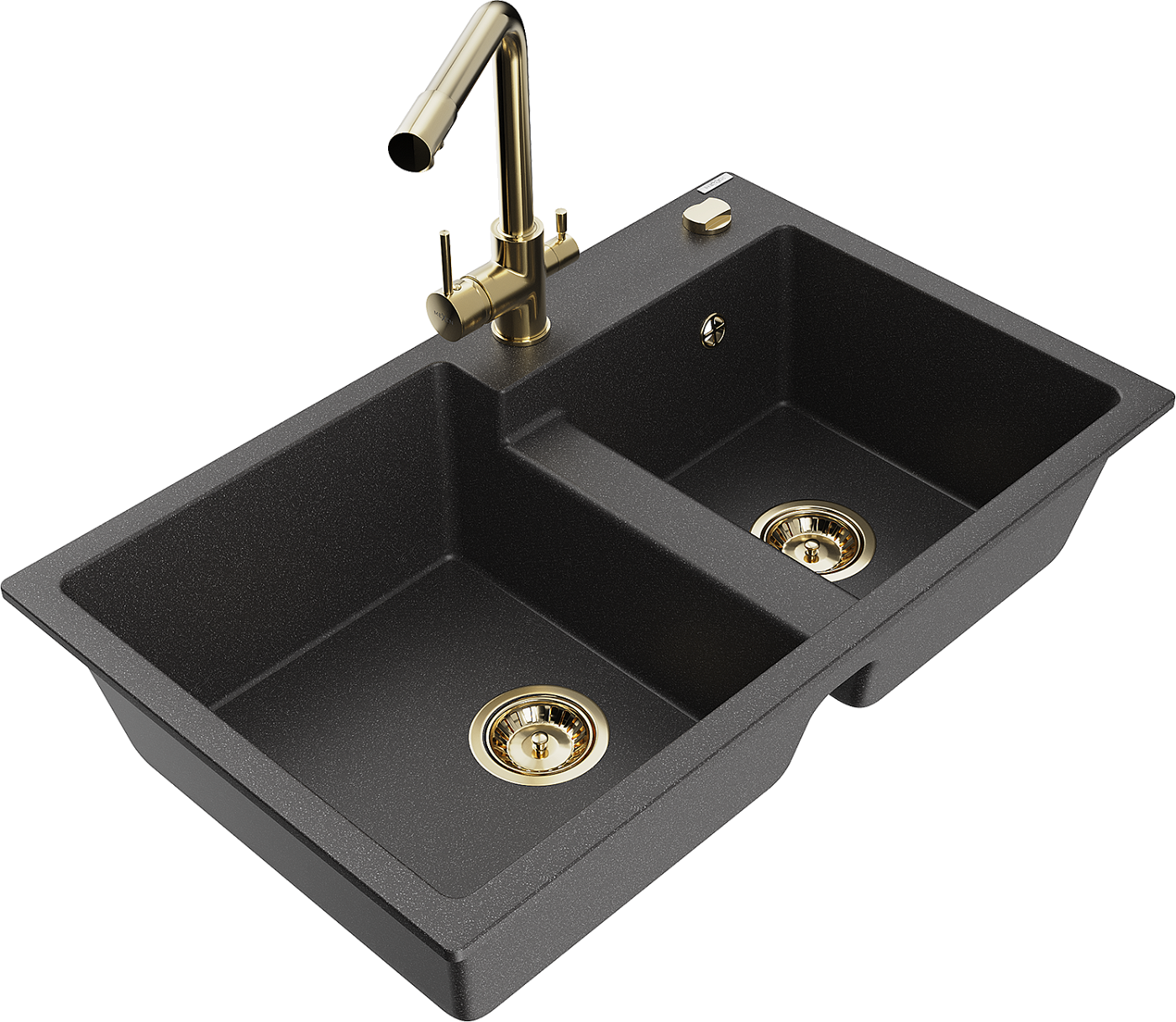Mexen Tomas zlewozmywak granitowy 2-komorowy z baterią kuchenną Duero, czarny nakrapiany - 6516-76-671600-50