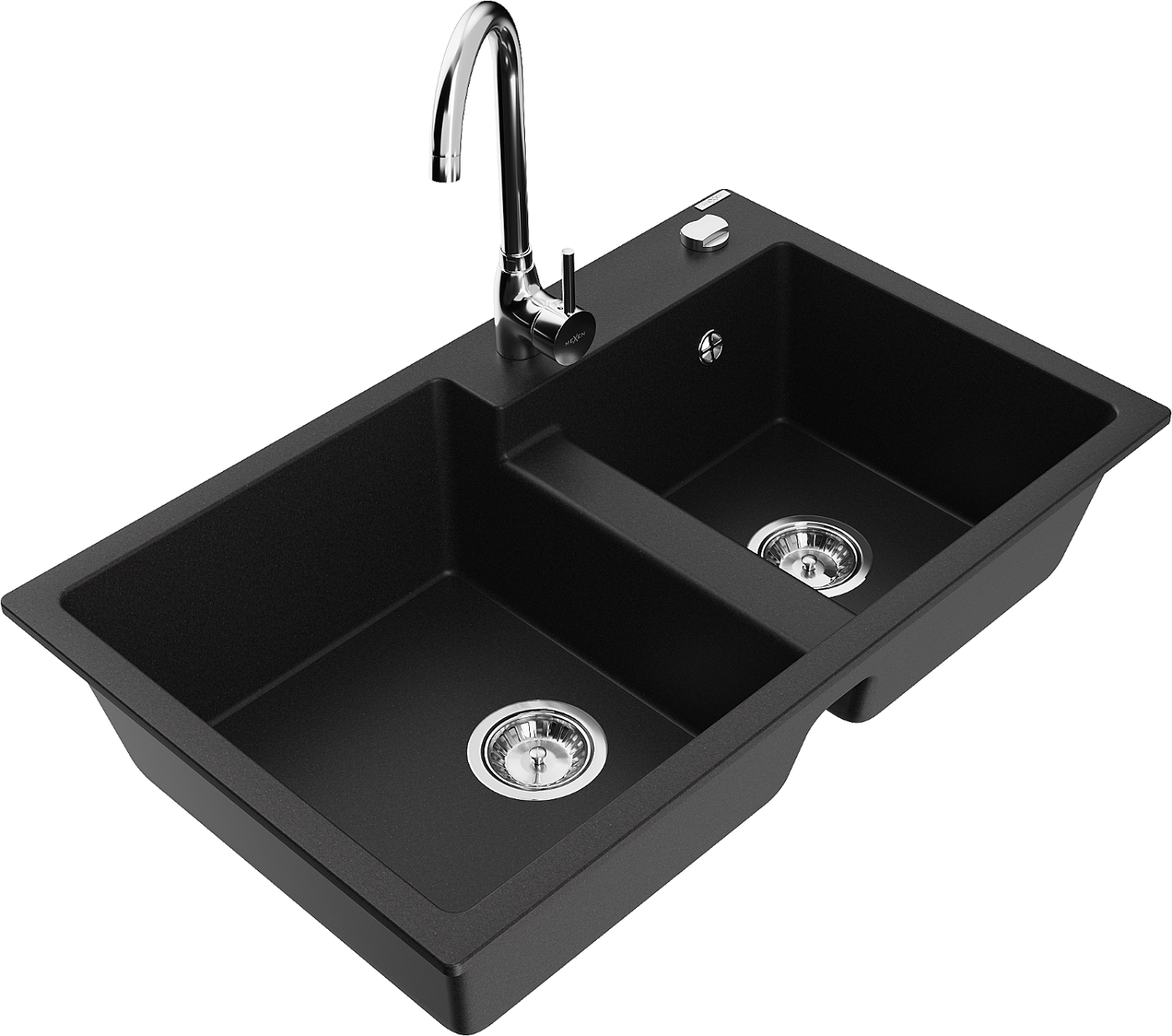 Mexen Tomas zlewozmywak granitowy 2-komorowy z baterią kuchenną Telma, czarny - 6516-77-670200-00