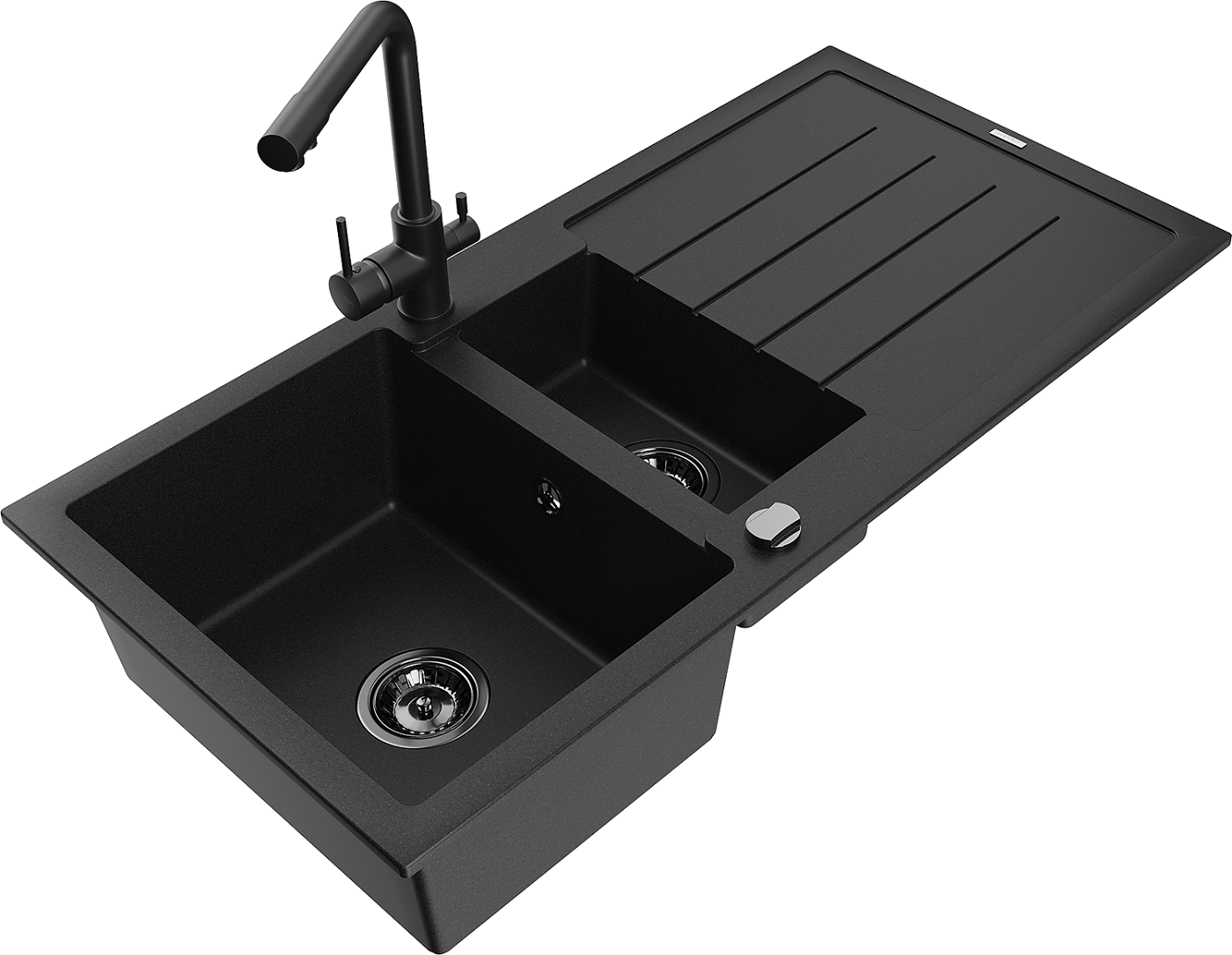 Mexen Andres zlewozmywak granitowy 1,5-komorowy z ociekaczem i baterią kuchenną Duero, czarny - 6515-77-671600-70-B