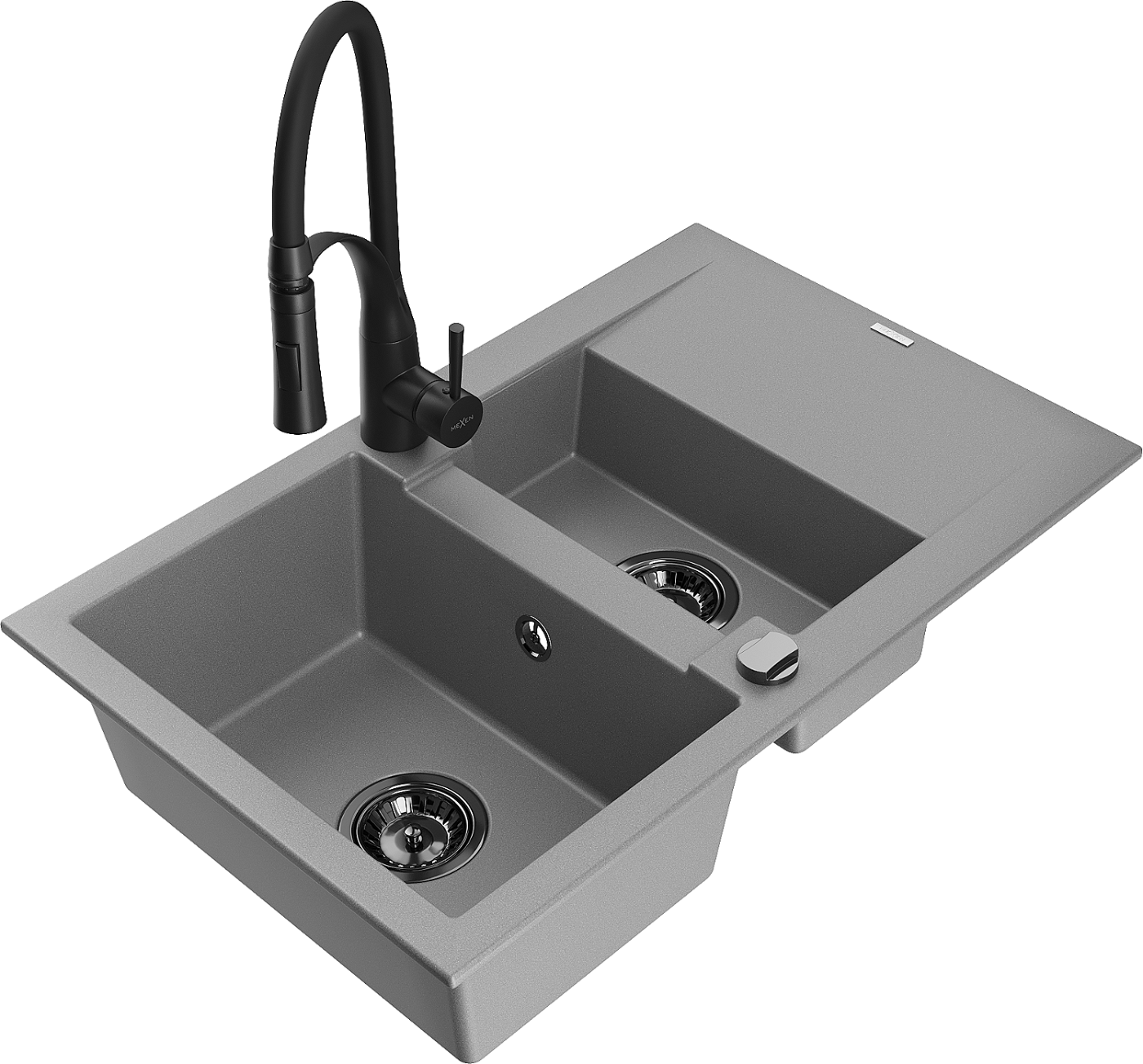 Mexen Gaspar zlewozmywak granitowy 1,5-komorowy z ociekaczem i baterią kuchenną Aster, szary - 6507-71-73450-70-B