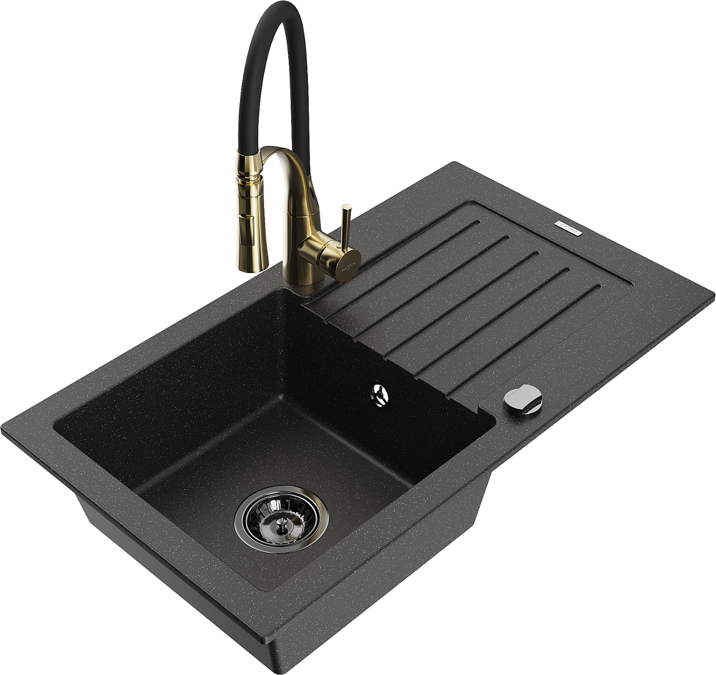 Mexen Pablo zlewozmywak granitowy 1-komorowy z ociekaczem i baterią kuchenną Aster, czarny/srebrny metalik - 6510-73-73450-57-B