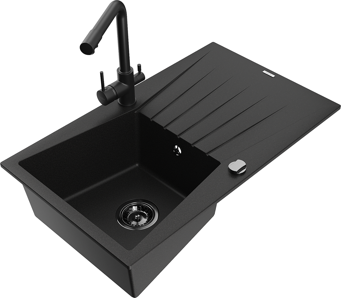 Mexen Cesar zlewozmywak granitowy 1-komorowy z ociekaczem i baterią kuchenną Duero, czarny - 6514-77-671600-70-B