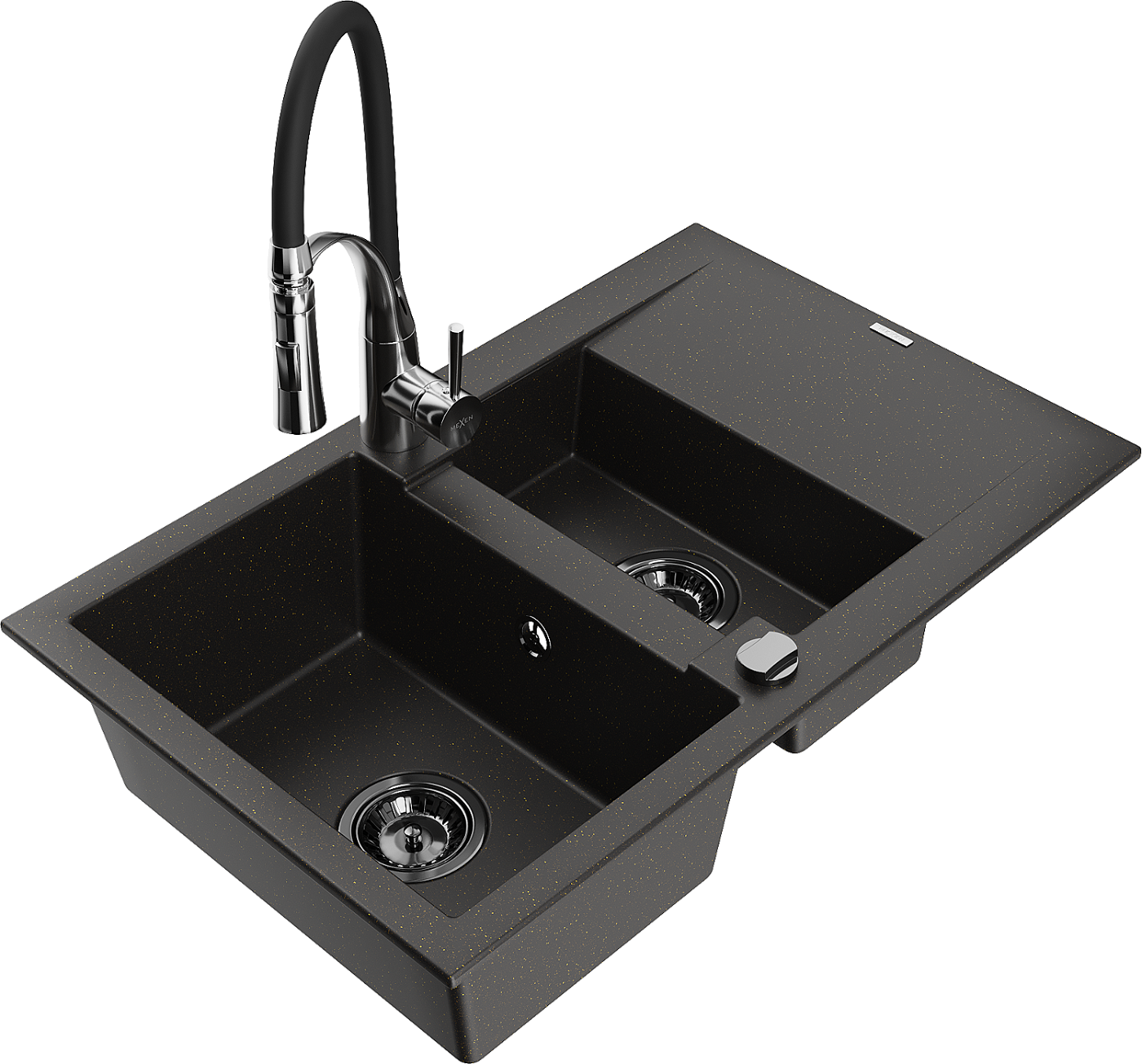 Mexen Gaspar zlewozmywak granitowy 1,5-komorowy z ociekaczem i baterią kuchenną Aster, czarny/złoty metalik - 6507-75-73450-07-B