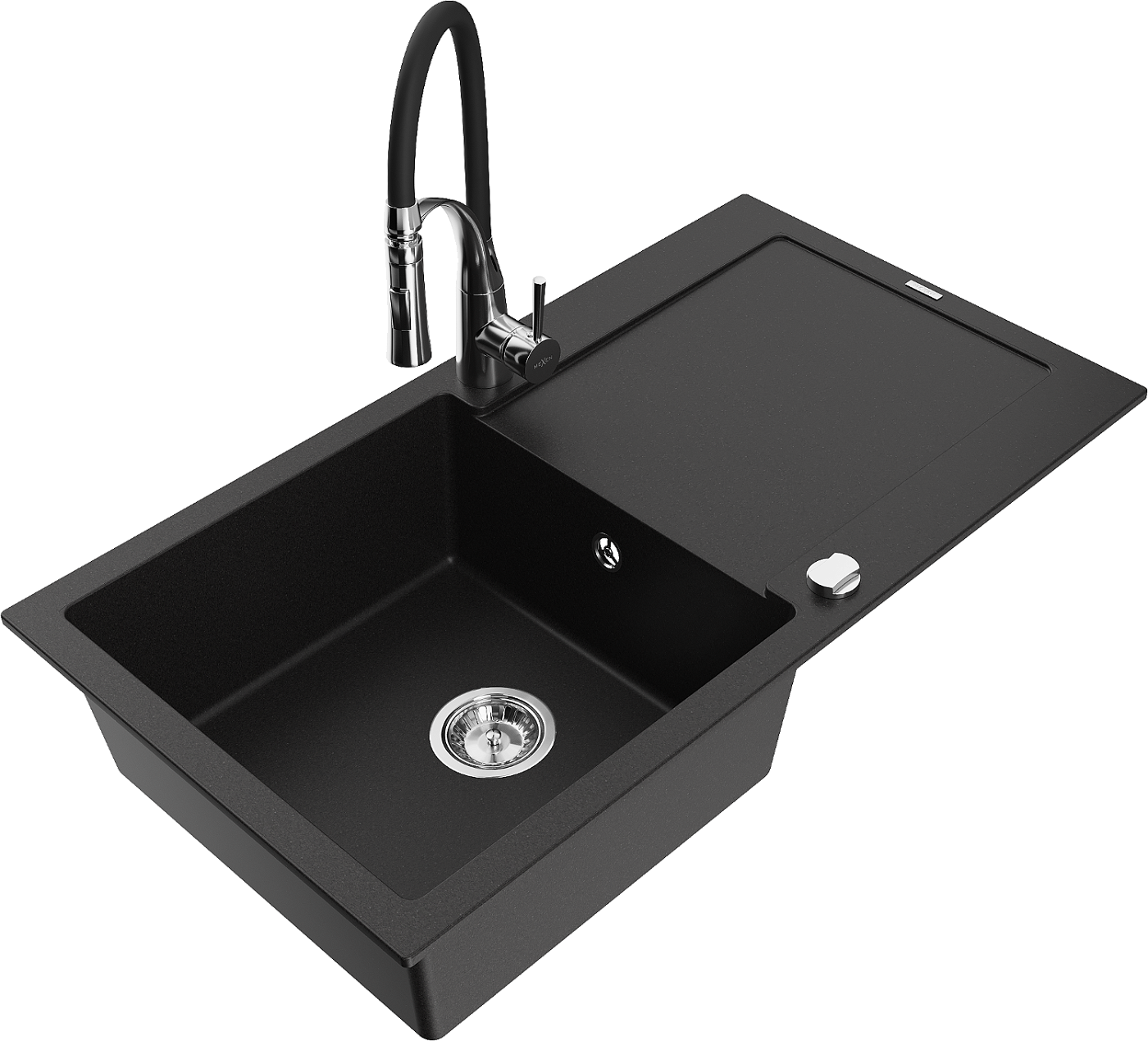 Mexen Leo zlewozmywak granitowy 1-komorowy z ociekaczem i baterią kuchenną Aster, czarny - 6501-77-73450-07