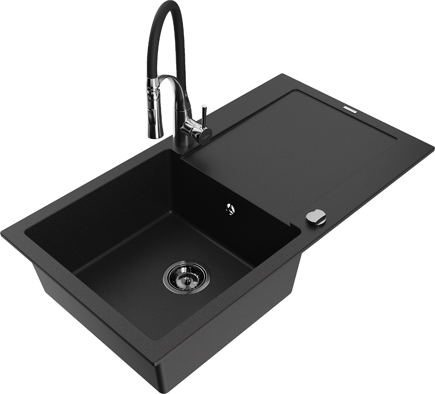 Mexen Leo zlewozmywak granitowy 1-komorowy z ociekaczem i baterią kuchenną Aster, czarny - 6501-77-73450-07-B