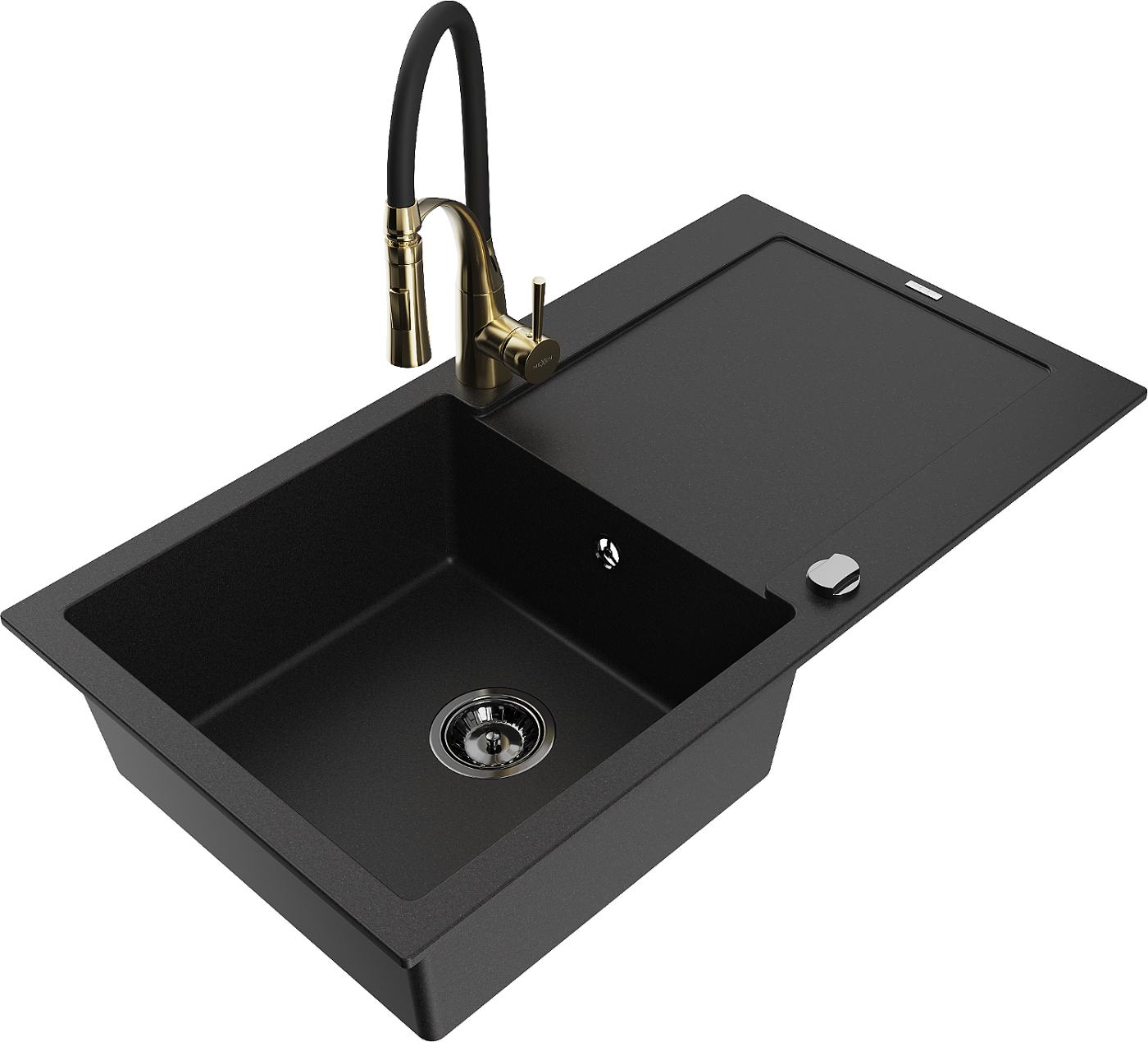 Mexen Leo zlewozmywak granitowy 1-komorowy z ociekaczem i baterią kuchenną Aster, czarny - 6501-77-73450-57-B