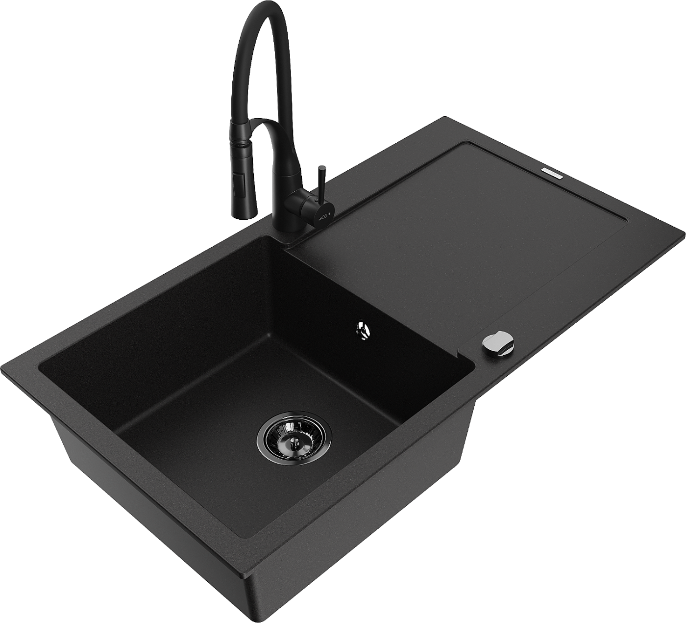 Mexen Leo zlewozmywak granitowy 1-komorowy z ociekaczem i baterią kuchenną Aster, czarny - 6501-77-73450-70-B