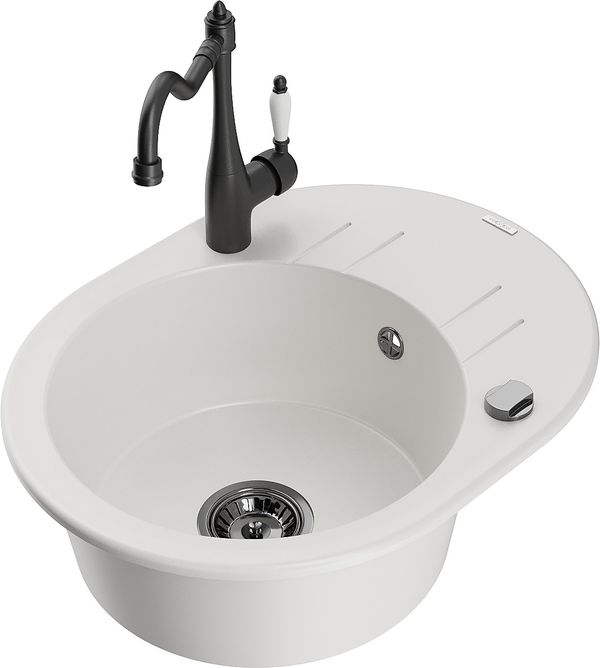 Mexen Kevin zlewozmywak granitowy 1-komorowy z ociekaczem i baterią kuchenną Carla, biały - 6517-20-670700-70