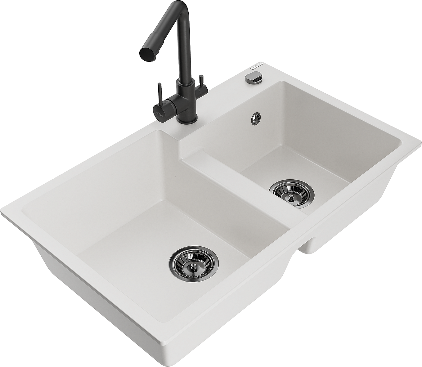 Mexen Tomas zlewozmywak granitowy 2-komorowy z baterią kuchenną Duero, biały - 6516-20-671600-70