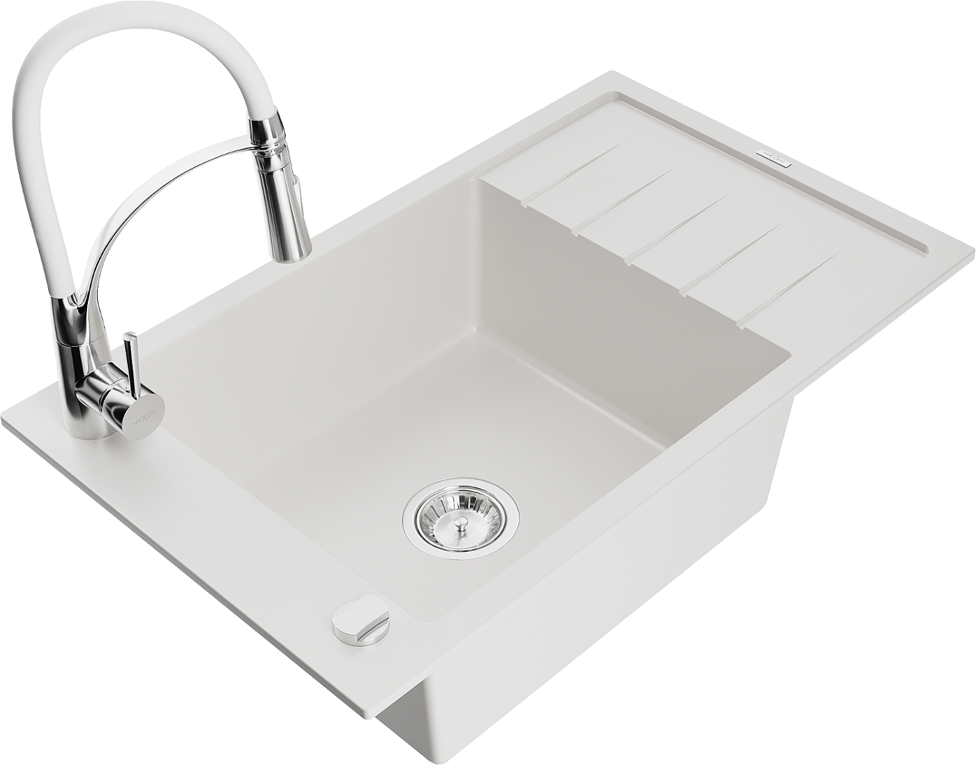 Mexen Elias zlewozmywak granitowy 1-komorowy z ociekaczem i baterią kuchenną Aster, biały - 6511-20-73450-02