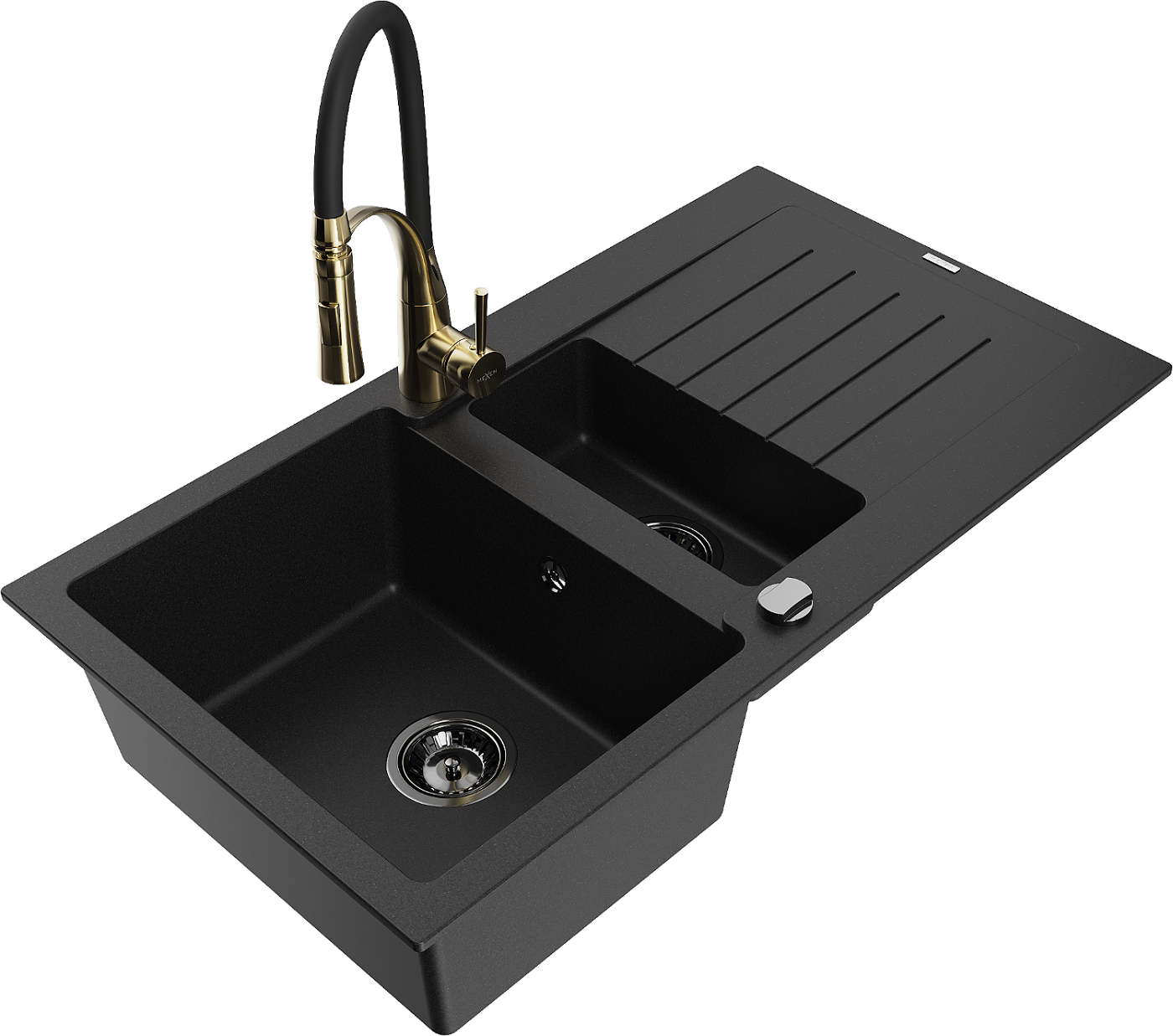 Mexen Matias zlewozmywak granitowy 1,5-komorowy z ociekaczem i baterią kuchenną Aster, czarny - 6502-77-73450-57-B