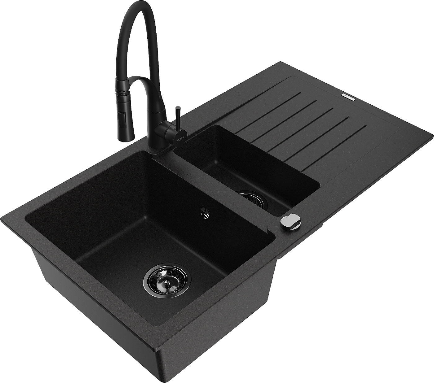 Mexen Matias zlewozmywak granitowy 1,5-komorowy z ociekaczem i baterią kuchenną Aster, czarny - 6502-77-73450-70-B