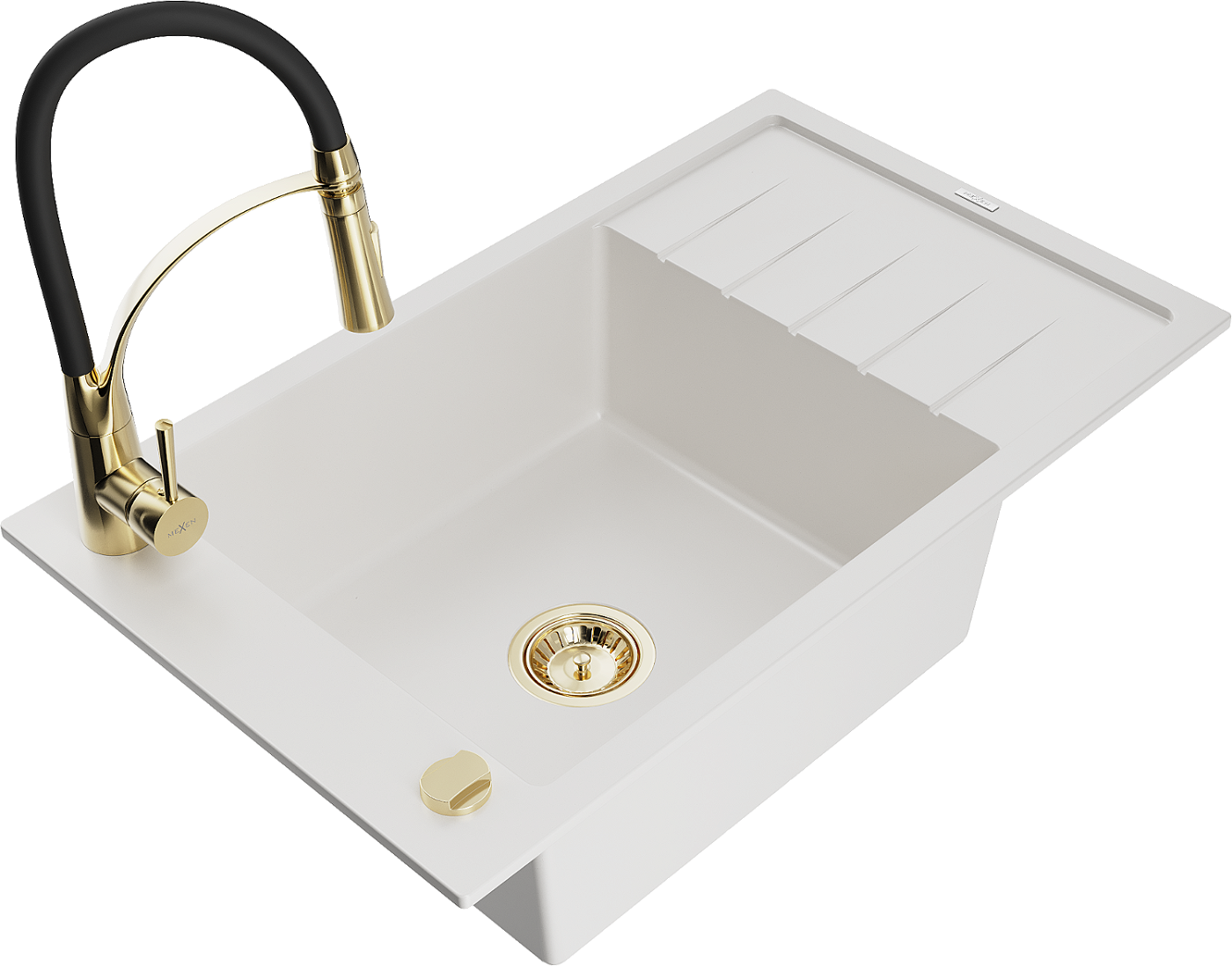 Mexen Elias zlewozmywak granitowy 1-komorowy z ociekaczem i baterią kuchenną Aster, biały - 6511-20-73450-57-G