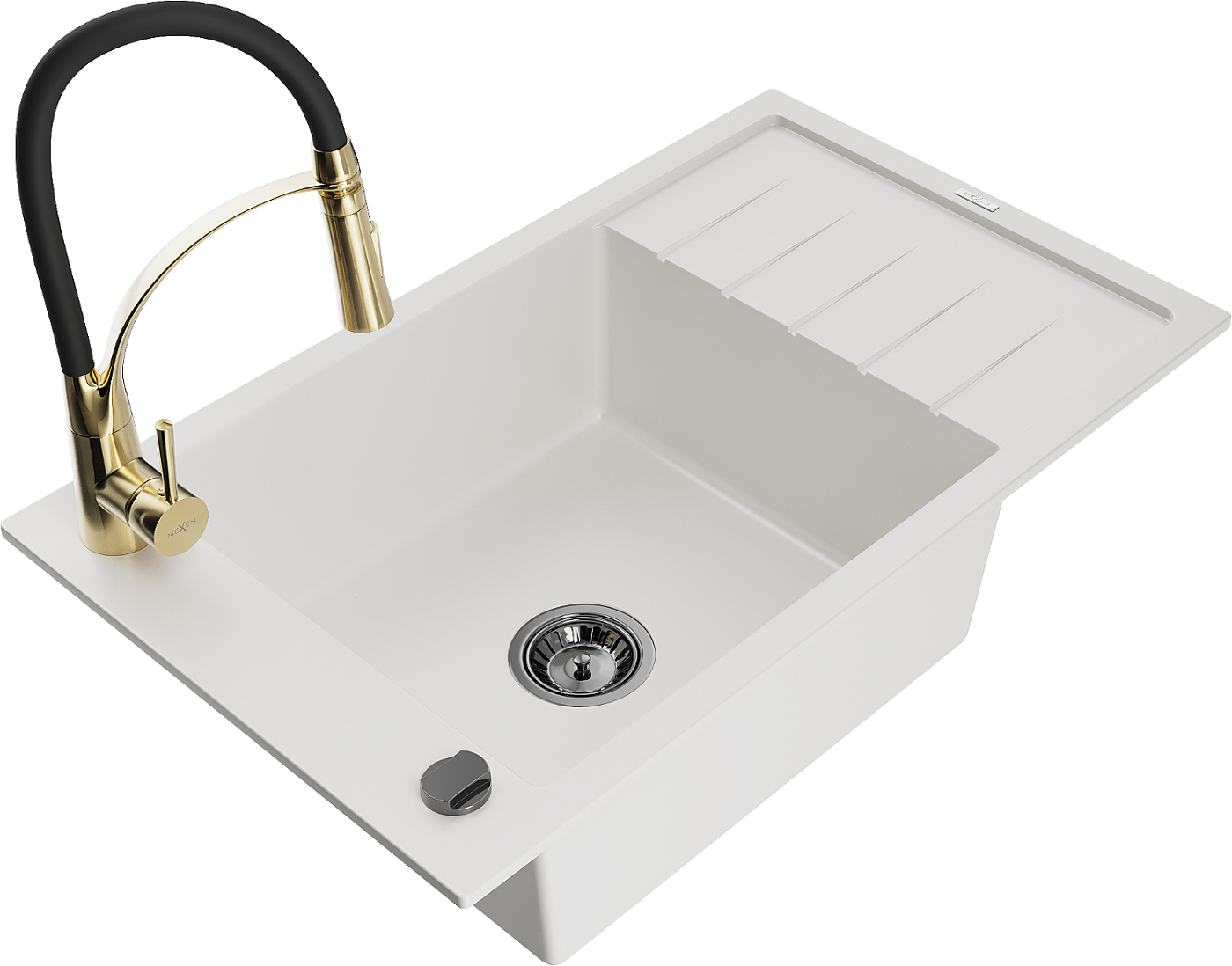 Mexen Elias zlewozmywak granitowy 1-komorowy z ociekaczem i baterią kuchenną Aster, biały - 6511-20-73450-57-B