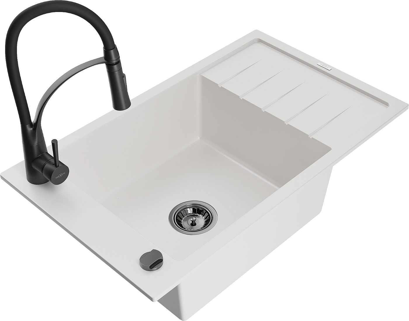 Mexen Elias zlewozmywak granitowy 1-komorowy z ociekaczem i baterią kuchenną Aster, biały - 6511-20-73450-70-B