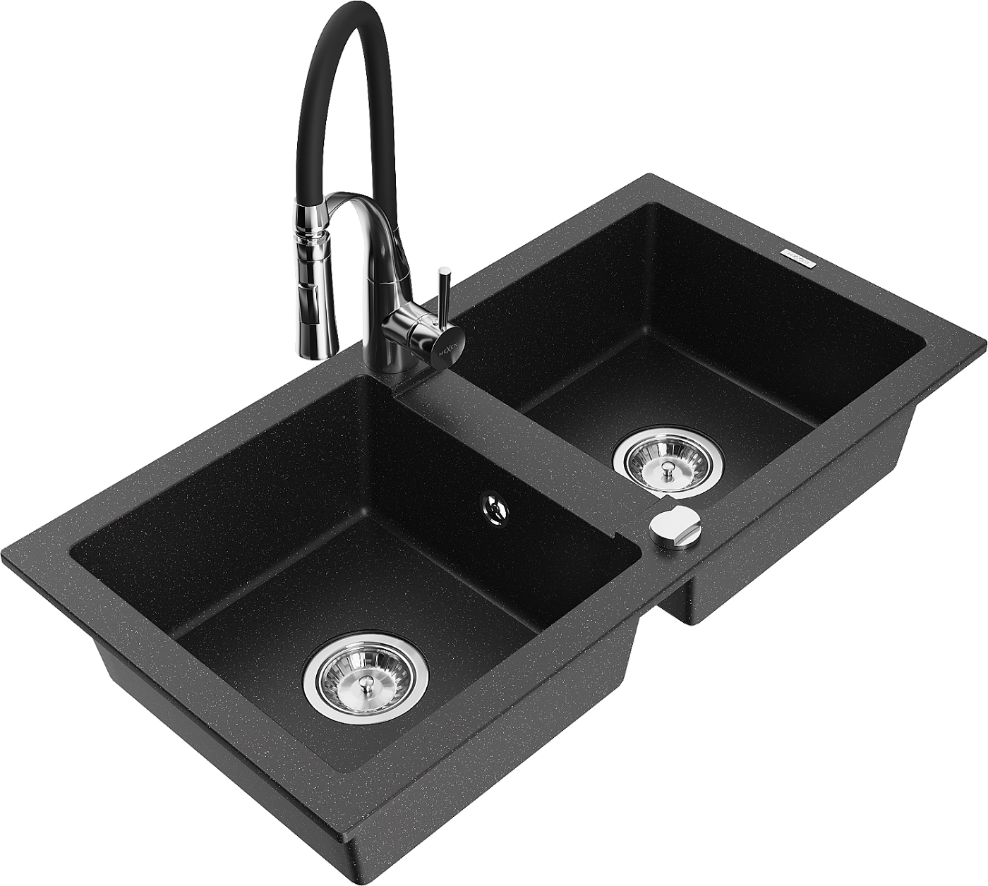 Mexen Mario zlewozmywak granitowy 2-komorowy z baterią kuchenną Aster, czarny/srebrny metalik - 6504-73-73450-07
