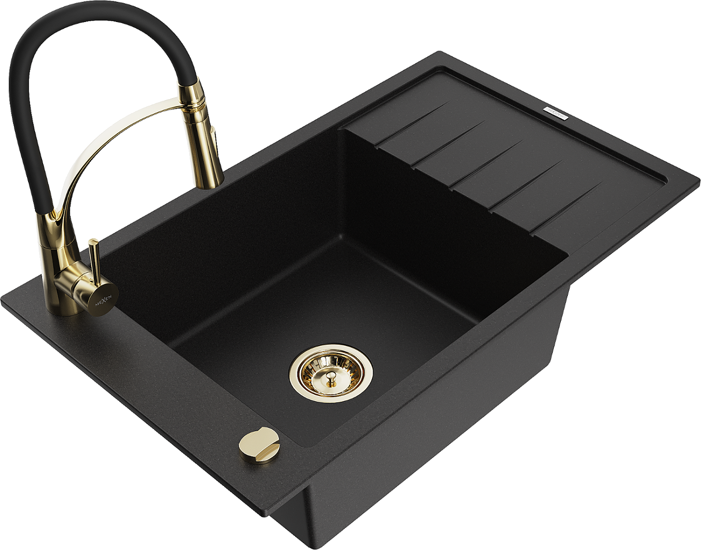 Mexen Elias zlewozmywak granitowy 1-komorowy z ociekaczem i baterią kuchenną Aster, czarny - 6511-77-73450-57-G