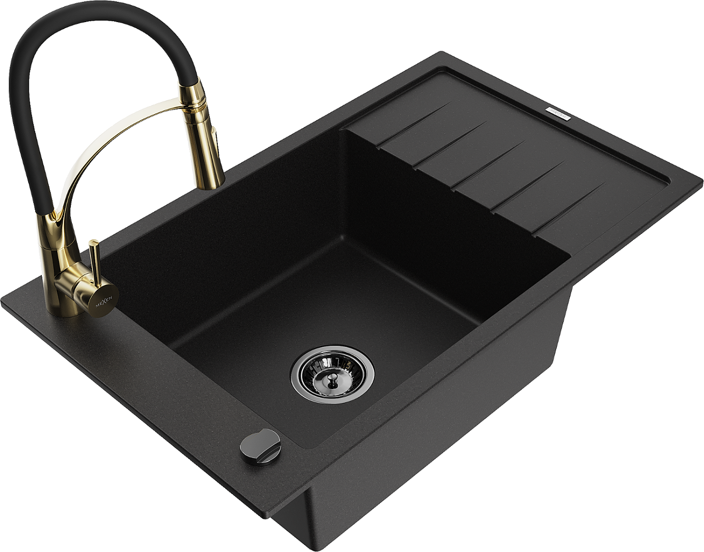 Mexen Elias zlewozmywak granitowy 1-komorowy z ociekaczem i baterią kuchenną Aster, czarny - 6511-77-73450-57-B