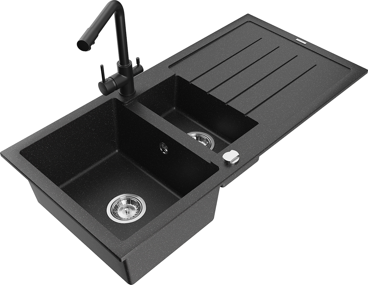 Mexen Andres zlewozmywak granitowy 1,5-komorowy z ociekaczem i baterią kuchenną Duero, czarny/srebrny - 6515-73-671600-70